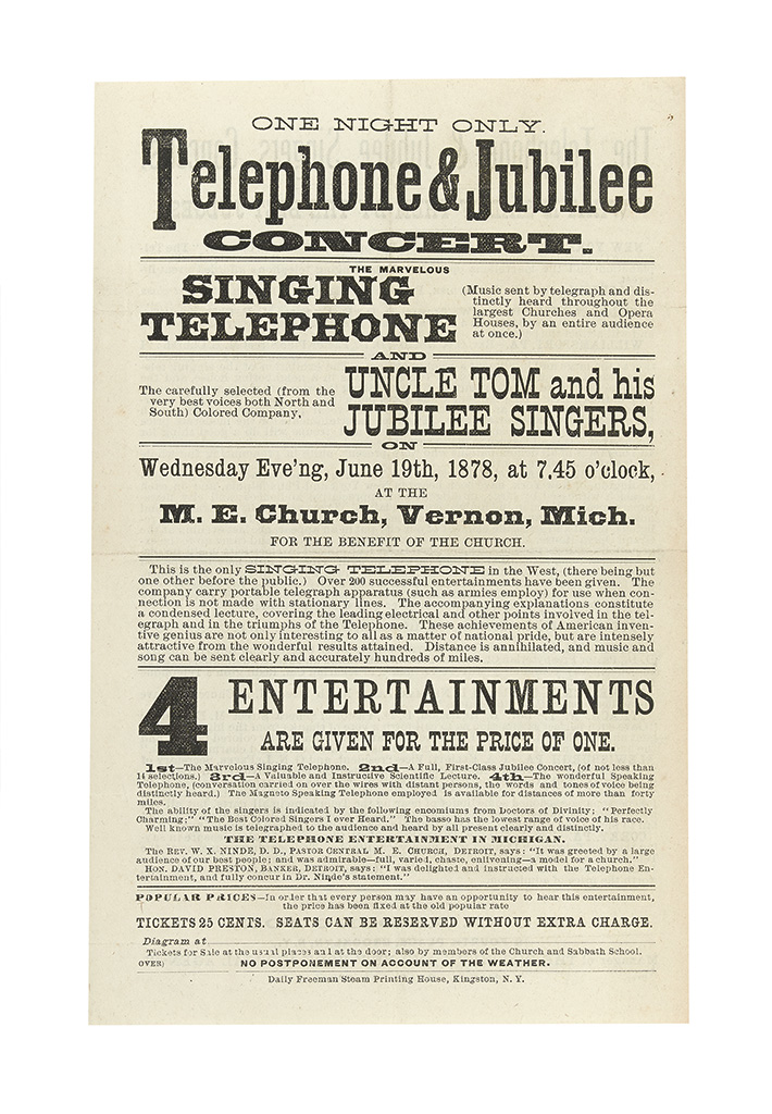 STOWE, HARRIET BEECHER. TELEPHONE AND JUBILEE CONCERT. The Marvelous Singing Telephone and Uncle Tom and his Jubilee Singers.